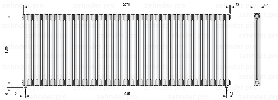 Схема (чертеж) Радиатор Zehnder Charleston 2150/45 №5310 Белый глянцевый RAL 9016